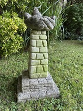 Charming small concrete 'bird in hands' bird bath on pedestal garden ornament