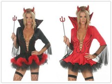 Ladies Halloween Red Black Devil Vampire Fancy Dress Costume + Horn + Fork