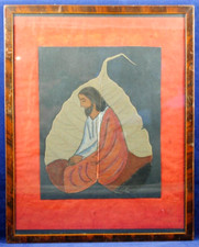 Unique HAND-MADE Religious JESUS ICON Painted on OLD LEAF Wall Hanging Picture