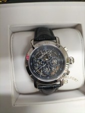 ANDREW BELFORT MENS SKELETON DIAL,STAINLESS STEEL, BLACK LEATHER STRAP WATCH. 