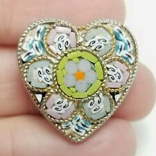 Vintage Micro Mosaic Heart Shape Colorful Brooch Lapel Pin, Estate