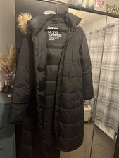 Superdry Black Long Puffer Coat Jacket, Size 14 with Detachable Hood