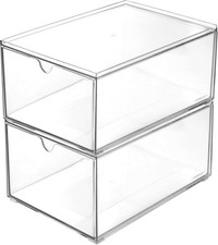 2 Pack Stackable Clear Plastic Organizer Drawers Makeup & Cosmetic Storage Box