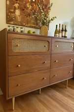 Rattan Sideboard Storage Cabinet with 6 Drawers Vintage Walnut Finish Metal Legs