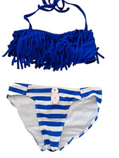 La SENZA/George UK 8 Blue Mix Stripe Removable Pads Tasselled Halterneck Bikini