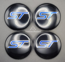 SET OF 4 ST BLUE & BLACK 60mm ALLOY WHEEL CENTRE CAPS FOCUS FIESTA KA KUGA FORD