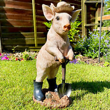 Resin Pig With Spade Sculpture Novelty Farmyard Lawn Sculpture Statue Ornament