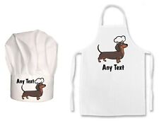 KIDS CHILDS PERSONALISED Sausage Dog Chef Print Chefs Hat / Apron Set Christmas 