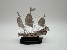 Antique Chinese Export Silver Junk Boat Ship w/ Cannons on Wood Stand Has Mark