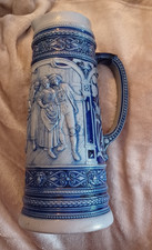 Vintage ceramic stoneware blue white beer stein jug pitcher flagon raised design