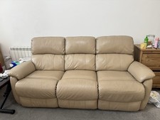Full Leather Recliner 3 Seater Sofa with Manual Recliners and Footstool Beige