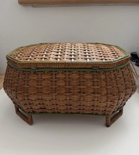 Old Antique Vintage Wicker Woven Sewing Basket Lined And Padded