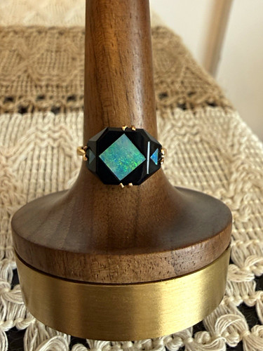 Vintage 18kt onyx inlaid opal - inlaid,