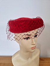 Vintage Marida Pillbox Topper Hat with Mesh Net Red Velour 100% Cotton RETRO