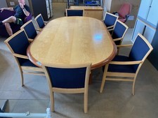 Bespoke wood veneer used boardroom table, 8 chairs and credenza with free fridge