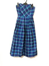 Vintage 70/80s Marion Donaldson Pure Silk Strapless Dress Size10 Blue/Teal Plaid