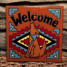 Hand Made Glazed Tile Trivet Hand N Hand Designs Southwestern USA 6"x6" Dog Howl