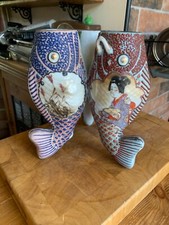 At Fault Vintage 1940/50’s Japanese Porcelain 3 Koi Carp Vase Good Luck symbol