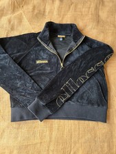 Ellesse Black Velvet Cropped 1/4 Zip Sweatshirt UK 12 - Gold Detail