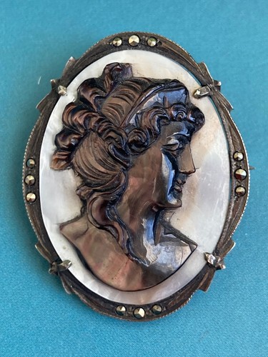 Silver marcasite cameo brooch - marcasite,