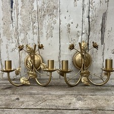 Vintage Style Gilt Metal Toleware Wall Light Fitting X2