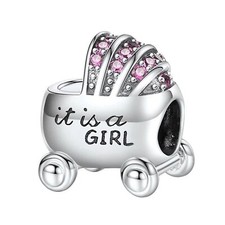 S925 Sterling Silver It is a Girl Baby Carriage Buggy Bead Charm For Bracelet