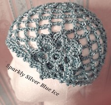 SPARKLY * BLUE SILVER ICE CROCHET SKULL CAP HAT 1970s 20s Fancy Dress Party ABBA