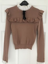 ZARA TAN BROWN & WHITE RUFFLE JUMPER SIZE S