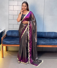 Designer shiny silk Saree indian bollywood party wear embroidery lace cut sari