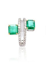 18k Solid Yellow Gold Zambian Emerald Ring – 2 Pcs Emerald Halo Engagement Ring
