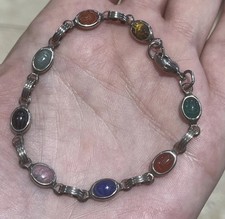 VINTAGE Scarab Gemstone Bracelet, Silver Plate Carved Egyptian Beetle Panel Link