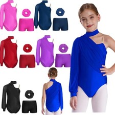 UK Girls Skating Dance Leotard One Shoulder Long Sleeve Outfit +Shorts Hairband