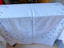 VINTAGE OFF WHITE COTTON  LARGE TABLECLOTH PRINTED BLUE FLORAL DESIGN 70" x 50"