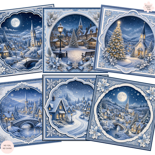 Blue winter village card - blue,