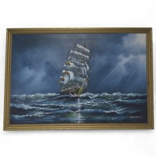 Large Oil Painting on Canvas Signed Maritime Scene 68x 98 cm Ship Ocean Preloved