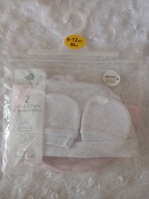 White And Pink Set Of Bonnets Hat And Mittens 6-12 Months