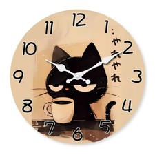 Retro Cute Black Cat Drinking Tea Wooden Wall Clock Silent Quartz Home