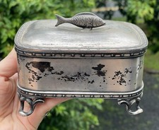 RARE Antique Victorian Meriden Silver Plate Sardine Box Server Fish Lid Footed
