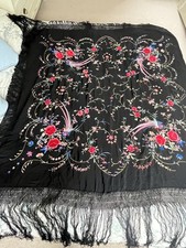 Antique Silk Hand Embroidered Piano Shawl black silk ? Chinese or Manila Manton?