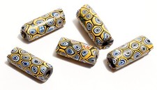 5 X African Millefiori Glass Trade Beads - Venetian Blue & Yellow - Authentic!