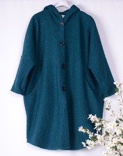 Lagenlook Italian Coat Boucle Teal Green Oversized Pockets Hood 16 18 20 22 B93
