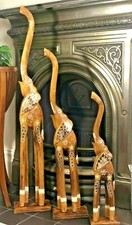 Large Wooden Elephant Statue Ornament Carving Set 60cm 80cm 100cm Mirror Inlay