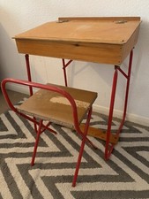 Retro Vintage Old School Desk And Chair - Light Wood With Red Steel Legs