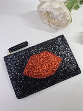 LULU Guinness Black Sequin Red lips Zip Pouch Purse Card Holder VGC
