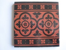 6 " SQ. ANTIQUE VICTORIAN MINTON HOLLINS BLACK ON RED CLAY BORDER TILE C1875