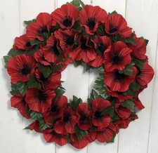 Artificial Red Poppy Wreath with Leaves - 36cm Diameter