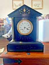 Antique Slate And Brass Column Timepiece Mantle Clock in Full Working Order