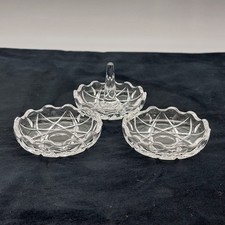 Clear Glass Ring Holder & 2 Matching Pin Trinket Dishes Cut Flower Pattern 8.5cm