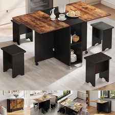 Kitchen Dining Table and Chairs Set Folding Drop Leaf Breakfast Table & 4 Stools