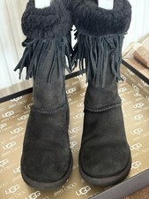 Jimmy Choo Ugg Suede Sheepskin Black Fringe Boots Size 5.5